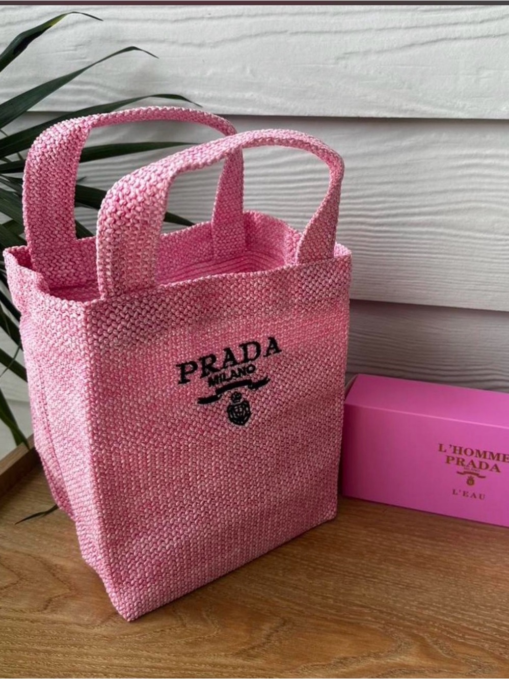 Prada Pink Woven Mini Tote with Black Logo